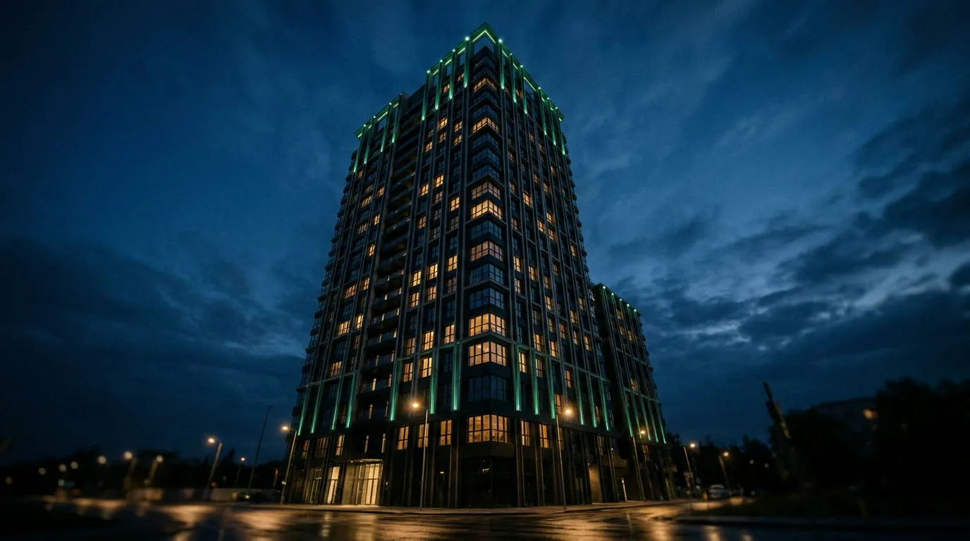 Edifício iluminado à noite com a fachada destacada por luzes verdes — um negócio que se destaca na cidade
