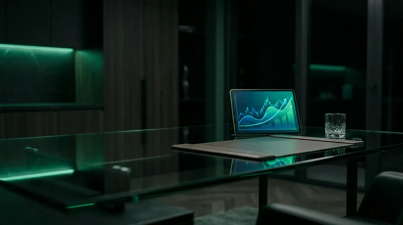 Tablet sobre mesa de reunião de vidro exibindo gráfico de crescimento financeiro em verde — o retorno da automação calculado antes do contrato