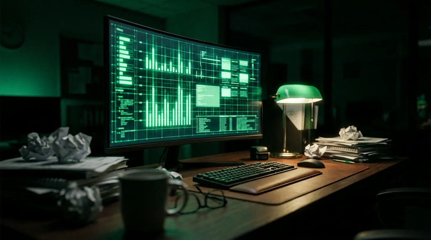 Escritório escuro com monitor exibindo painéis de dados estruturados em verde — conteúdo organizado no formato que as máquinas leem é a tese por trás dos Content Signals e do markdown para agentes