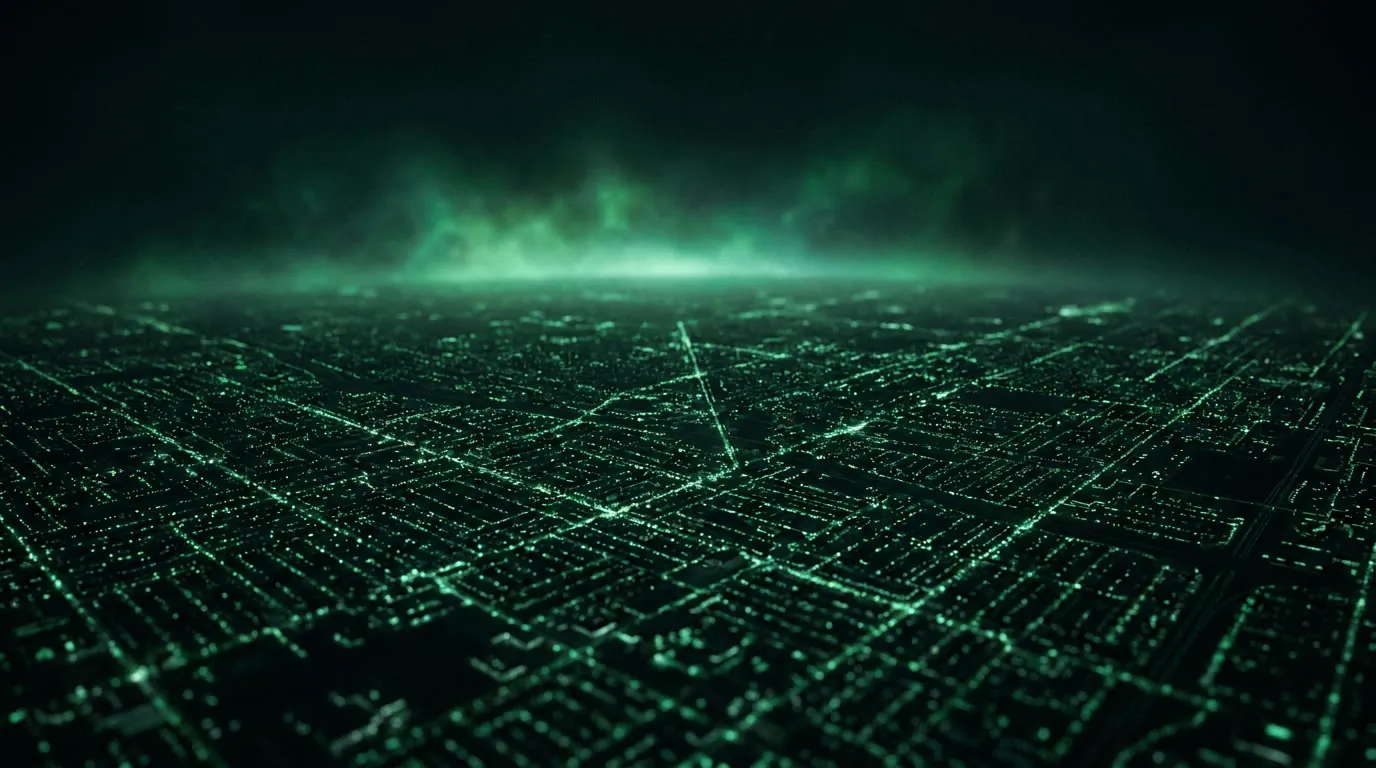 Vista aérea noturna de uma malha urbana com ruas iluminadas em verde, lembrando um mapa digital da cidade