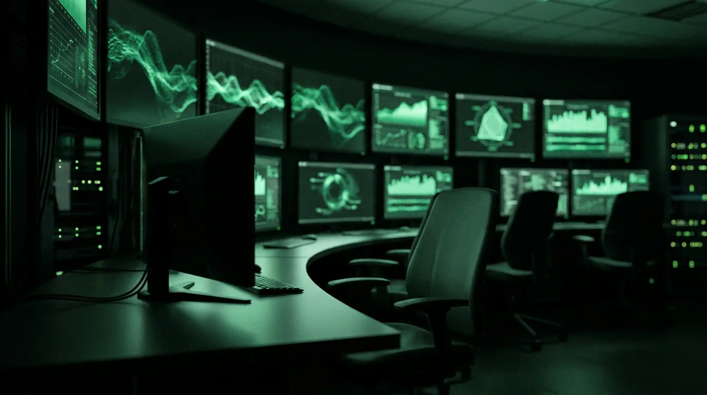 Sala de controle com monitores exibindo dashboards em verde