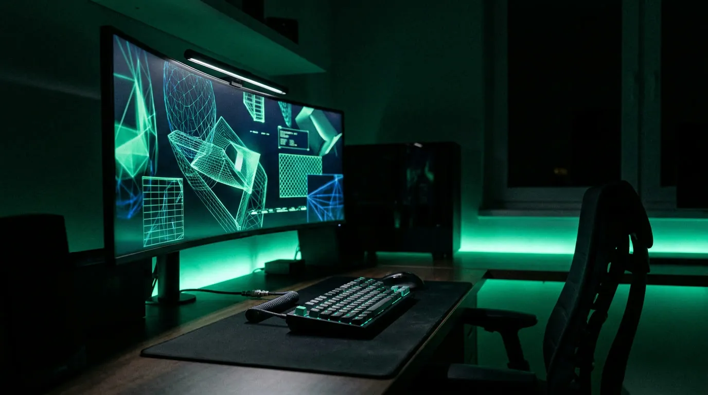 Setup escuro com monitor exibindo wireframes em verde