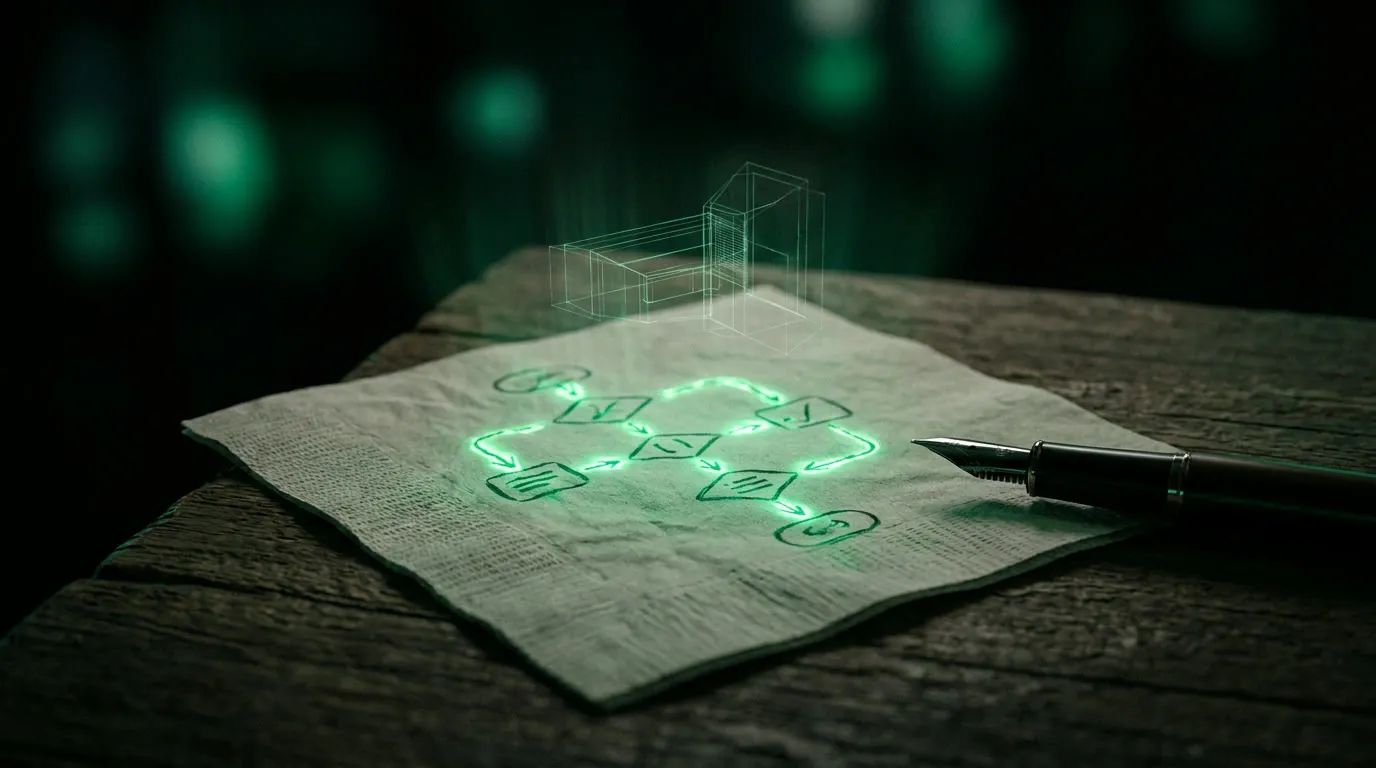 Fluxograma desenhado a caneta num guardanapo, brilhando em verde, com um holograma de gabinete de servidor se erguendo dele