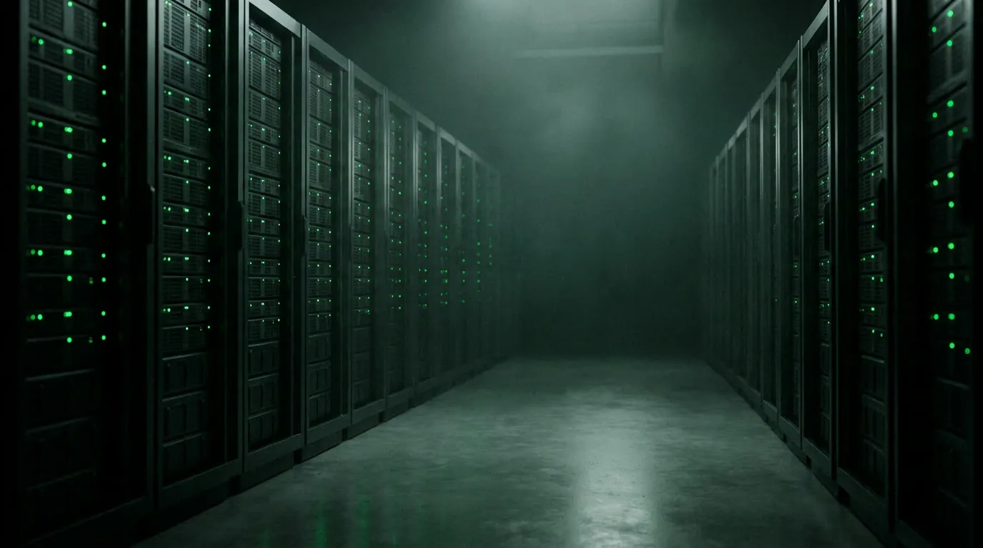 Corredor de data center com racks iluminados por LEDs verdes