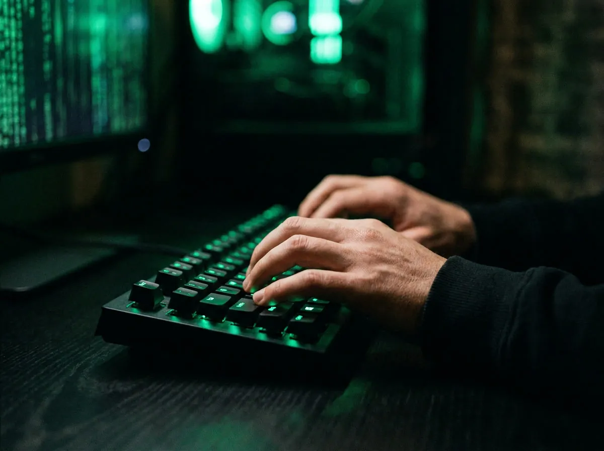 Mãos de desenvolvedor digitando em teclado retroiluminado em ambiente escuro