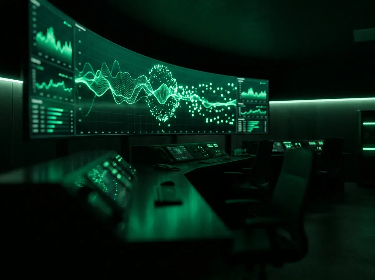 Sala de operação escura com telas exibindo dados de telemetria em verde