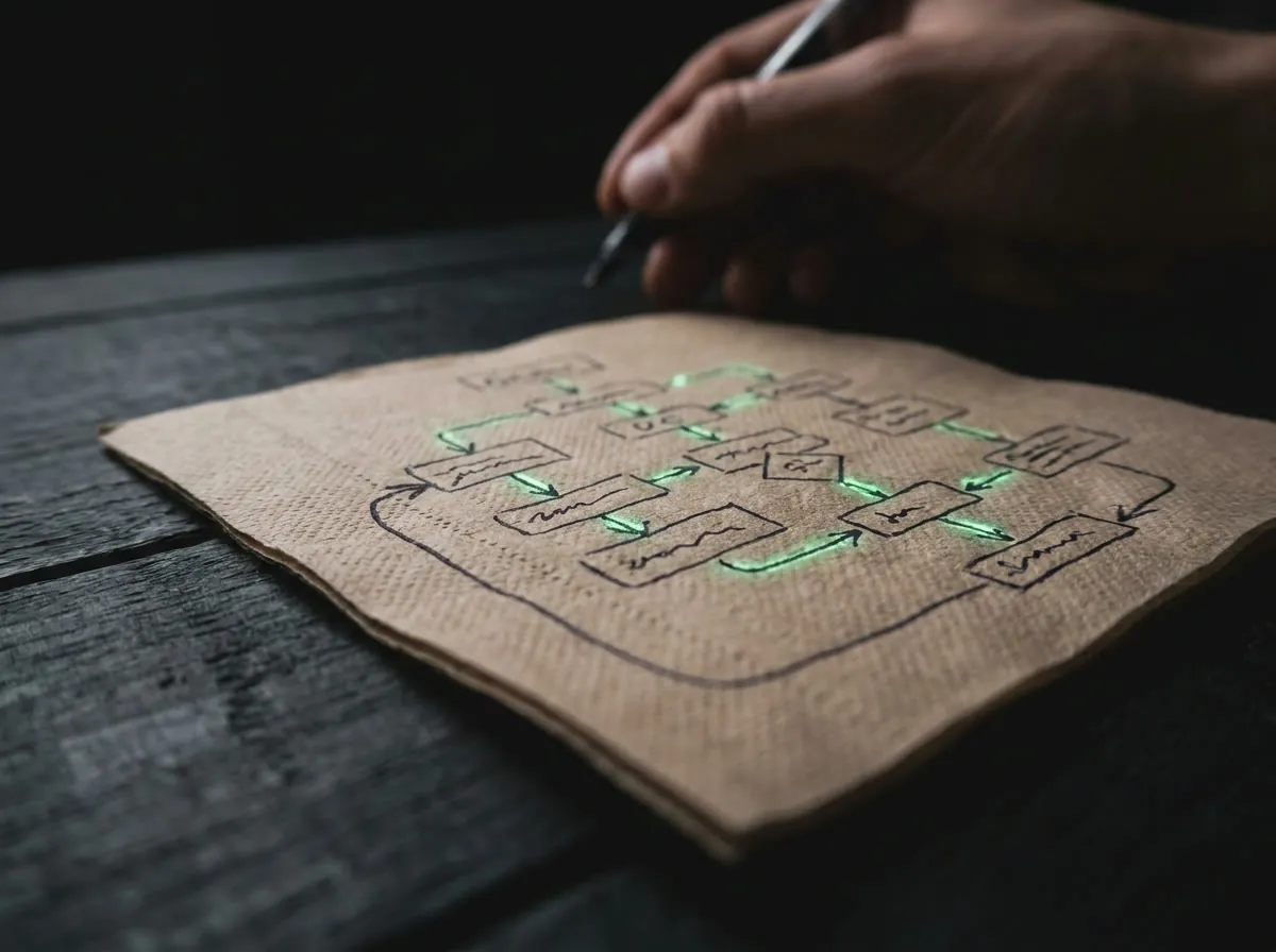 Sessão de trabalho definindo o escopo de um projeto de software — o corte que separa o MVP certo do produto inchado